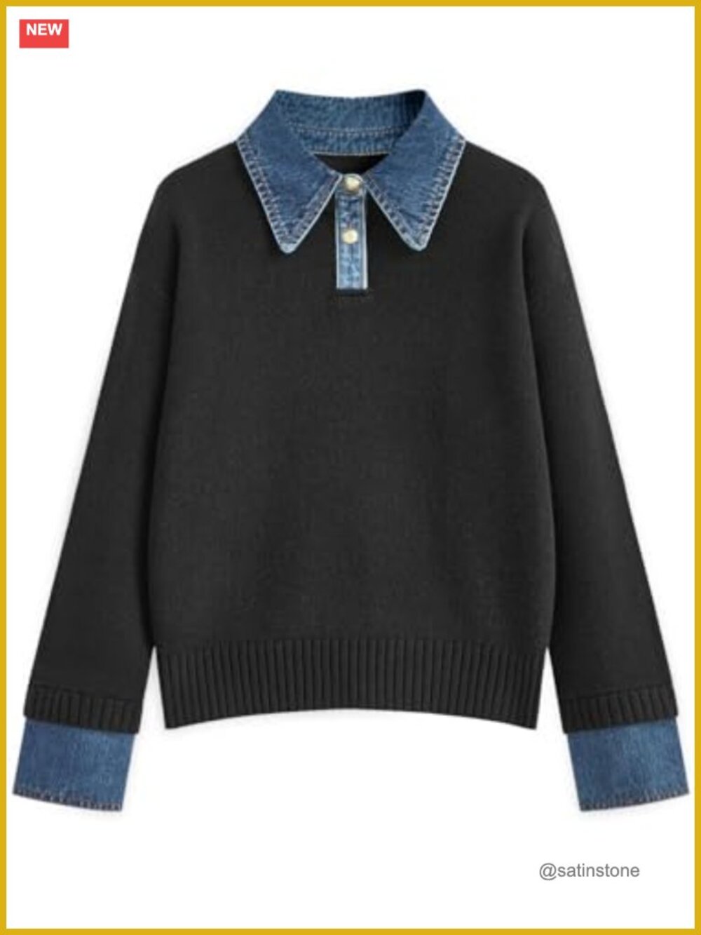 Oversized Collared Denim-Inspired Knit Sweater Pullover Button Mock Neck